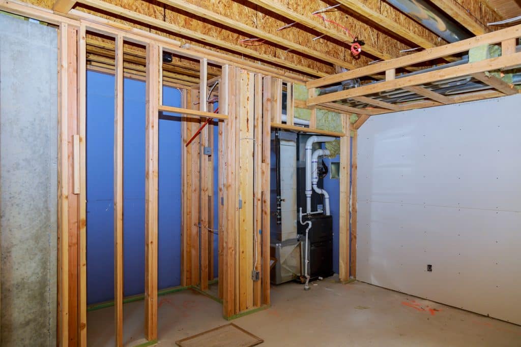 Interior frame of a new basement under construction